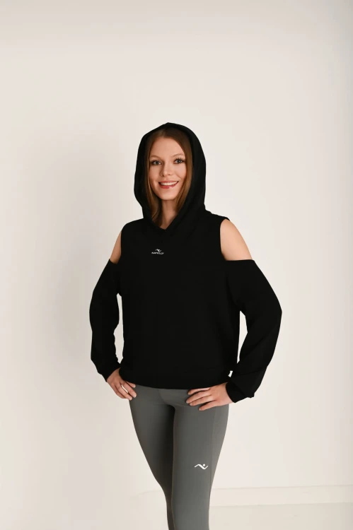 Czarna bluza damska FLOW z odkrytymi ramionami i kapturem